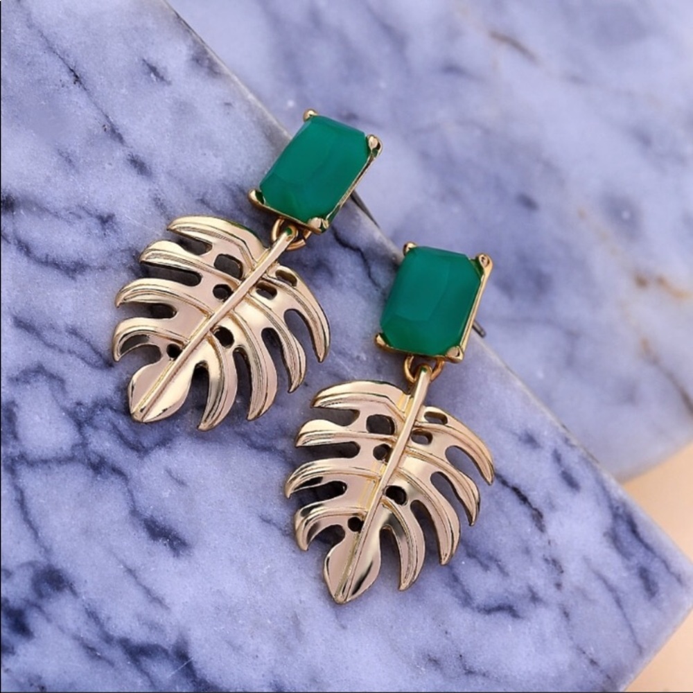 Crystal & Brass Monstera Leaf Earrings